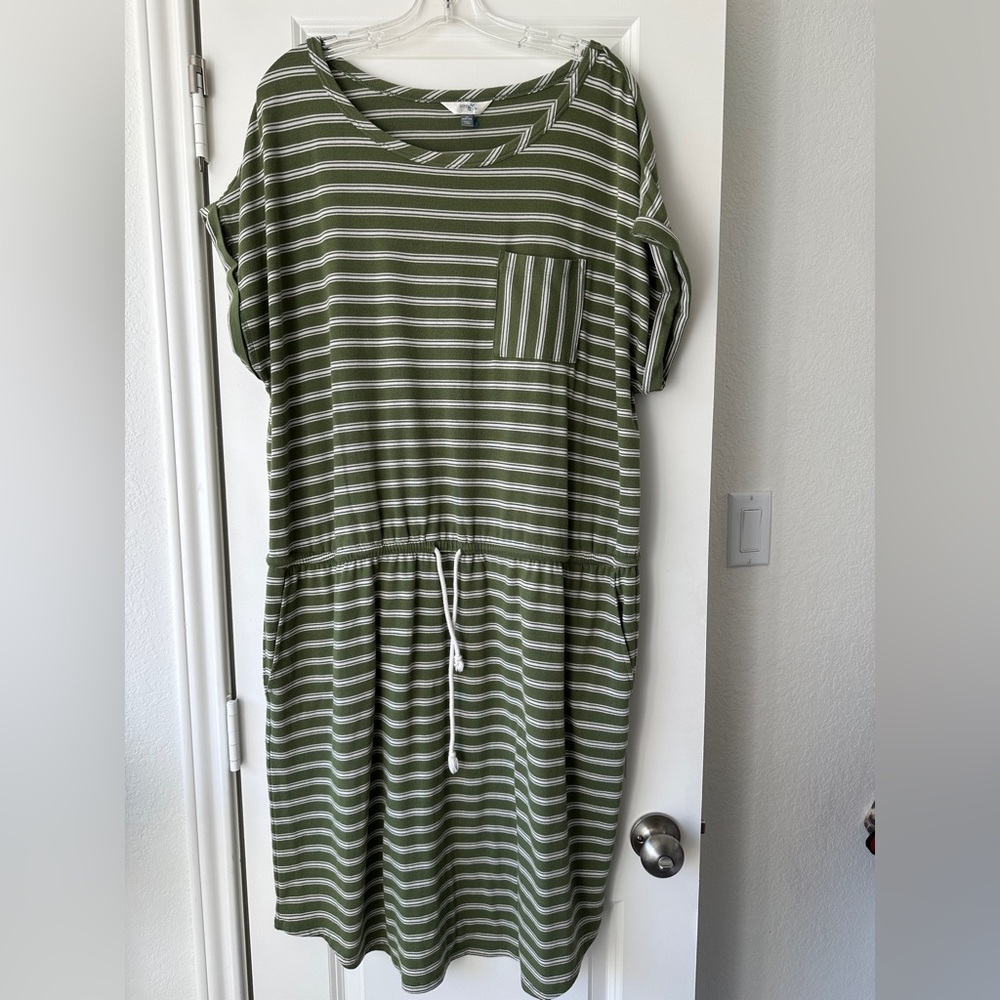 Terra & Sky Olive Green and White Striped Drawstring Pocket Dress - Picture 2 of 7